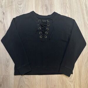 MOTHER The Tie Up Easy Sweatshirt Sz L Black Lace-Up Terry Cotton Made in USA